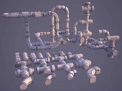 Various Metal Pipe Fittings And Different Types Of Industrial Piping Components 3d model