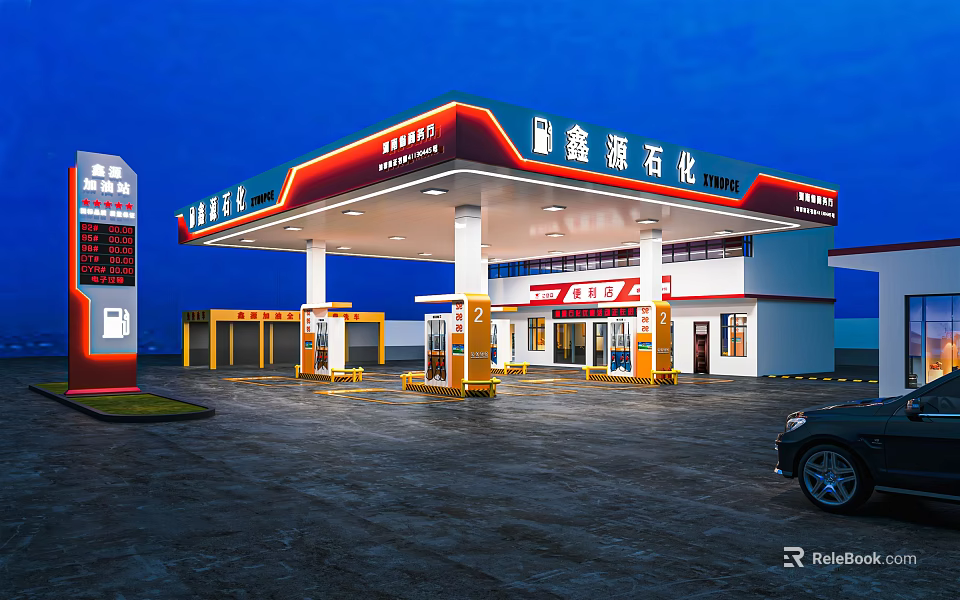 Modern Gas Station Exterior With Canopy Fuel Pumps Lighting And Parked Car 3d model 