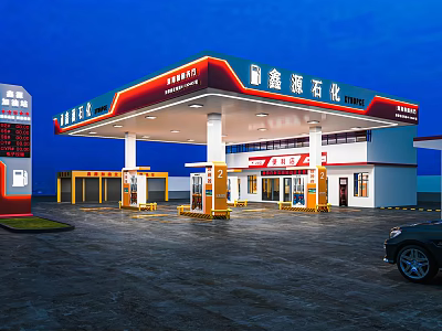 Modern Gas Station Exterior With Canopy Fuel Pumps Lighting And Parked Car 3d model