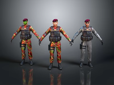 Three Military Characters With Red Berets Different Camouflage Uniforms And Tactical Gear Standing Poses 3d model