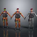 Three Military Characters With Red Berets Different Camouflage Uniforms And Tactical Gear Standing Poses