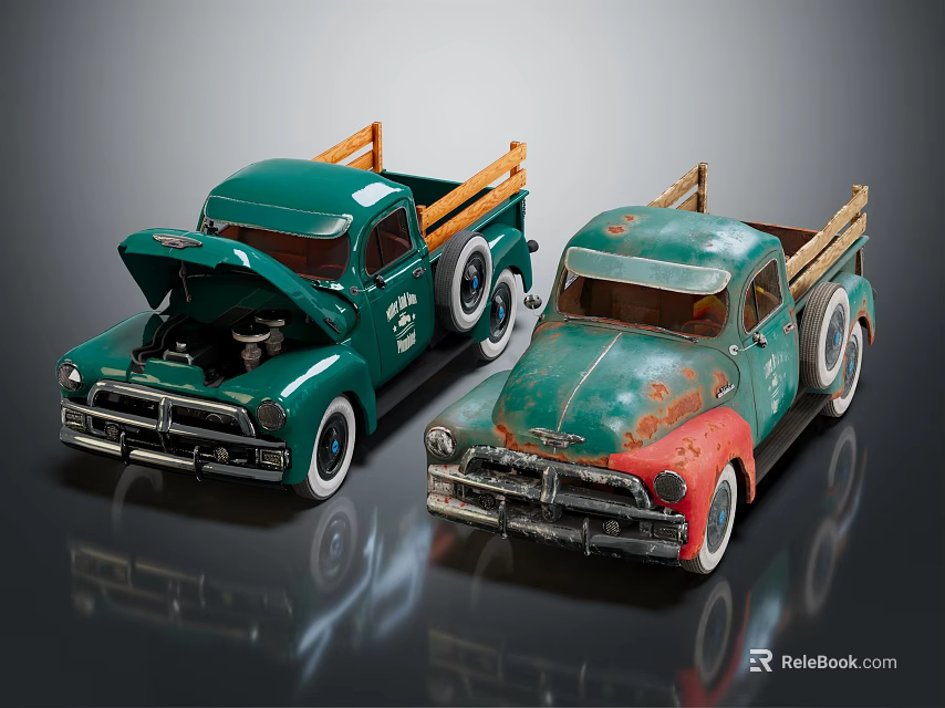 Vintage Truck Models With Open Hoods Wooden Beds And Rustic Paint Finish 3d model 