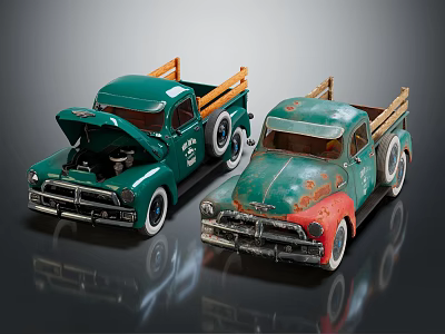Vintage Truck Models With Open Hoods Wooden Beds And Rustic Paint Finish 3d model