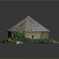 Whimsical Cartoon Scene With Stone Hut Dome Tile Roof Green Grass And Plants