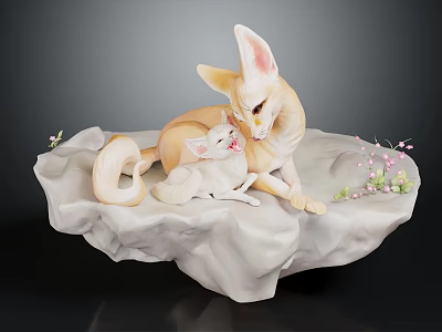 Fennec Fox And Cub Snuggling On White Rock Base With Pink Flowers Sculpture 3d model