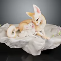 Fennec Fox And Cub Snuggling On White Rock Base With Pink Flowers Sculpture