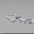 Modern Architectural Design Featuring Curved White Structure With Blue Grid And Oval Elements