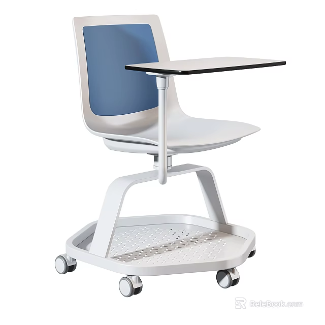 Office Chair With White Frame Blue Backrest Wheeled Base And Perforated Tray Table 3d model 