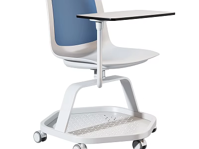 Office Chair With White Frame Blue Backrest Wheeled Base And Perforated Tray Table 3d model