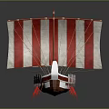 Ancient Sailing Vessel With Red And White Striped Sails And Wooden Oars