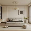Modern Minimalist Bedroom Interior Design With Ceiling Medallion Chandelier And Large Window Curtains