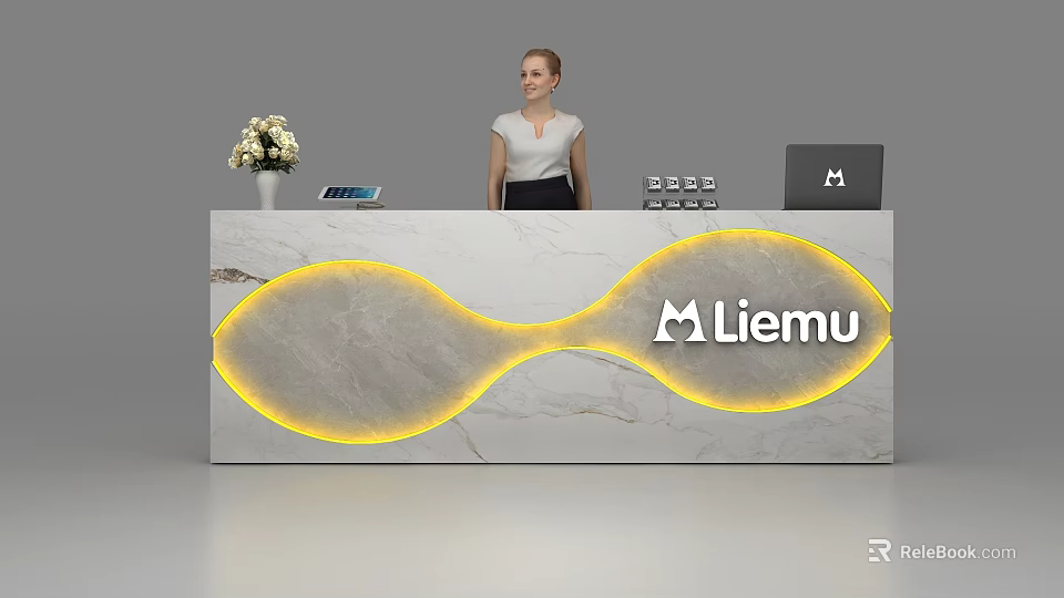 Elegant Marble Reception Desk With Wavy Design Yellow Lighting Flower Arrangement And Liemu Logo 3d model 