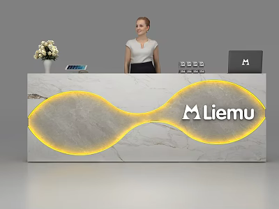 Elegant Marble Reception Desk With Wavy Design Yellow Lighting Flower Arrangement And Liemu Logo 3d model