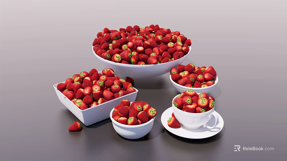Fresh Juicy Ripe Strawberries in Various White Bowls and Containers 3d model 