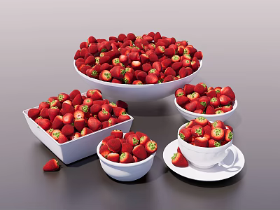 Fresh Juicy Ripe Strawberries in Various White Bowls and Containers 3d model