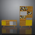 Modern Wooden Furniture Set With Orange White Yellow Cabinets And Storage Compartments