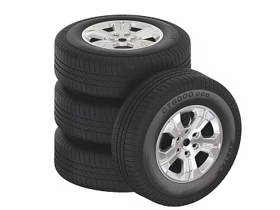 Stacked Car Tires With Silver Rims And Black Rubber Treads 3d model