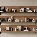 Stylish Wooden Wall Shelves Display with Decorative Items Framed Photos Vases Sculptures Books and Plants