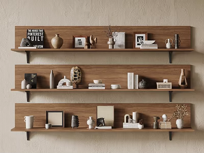 Stylish Wooden Wall Shelves Display with Decorative Items Framed Photos Vases Sculptures Books and Plants 3d model