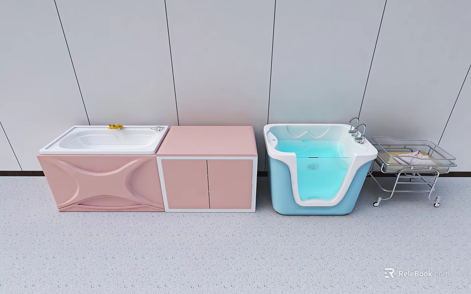 Essential Medical Equipment Patient Care Basins With Pink Blue Basin Cabinets And Mobile Trolley 3d model 