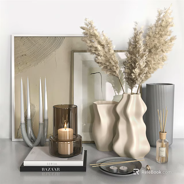 Neutral Tones Decorative Ornament Set With Lit Candle Holders Vases Pampas Grass And Reed Diffuser 3d model 