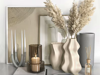 Neutral Tones Decorative Ornament Set With Lit Candle Holders Vases Pampas Grass And Reed Diffuser 3d model
