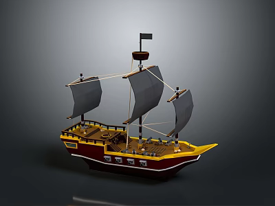 Pirate Ship Model With Black Sails Yellow Bow And Brown Hull On Gray Background 3d model