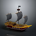 Pirate Ship Model With Black Sails Yellow Bow And Brown Hull On Gray Background