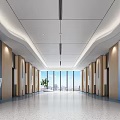 Elegant Modern Elevator Hallway With Doors Wood Metal Walls Linear Lights Gray Tiles Natural Light