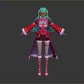 Anime Female Character With Teal Hair Red Coat Brown Shorts And Knee High Boots