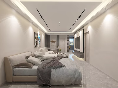 Modern Spacious Open Concept Living And Dining Room With Warm Furnishings And Minimalist Ceiling Design 3d model