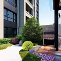 Courtyard Garden with Pergola Outdoor Sofa Coffee Table Green Plants and Stone Pathway