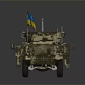 Detailed Camouflaged Armored Military Vehicle Featuring Cannon And Blue Yellow Flag