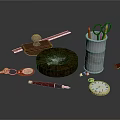 Assorted Daily Objects With Keys Red Pen Ruler Metal Ball Scissors Pencils And Pocket Watch
