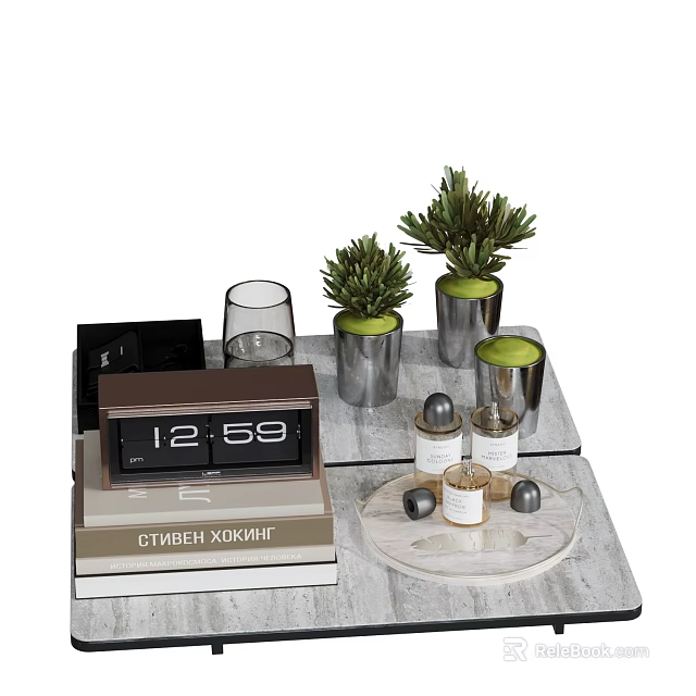 Decorative Ornament Combination with Clock Books Green Plants Vases Candles and Glass Cups on Tabletop 3d model 