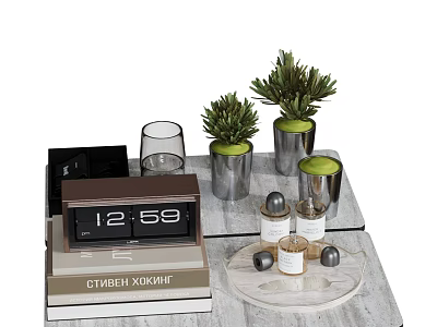 Decorative Ornament Combination with Clock Books Green Plants Vases Candles and Glass Cups on Tabletop 3d model