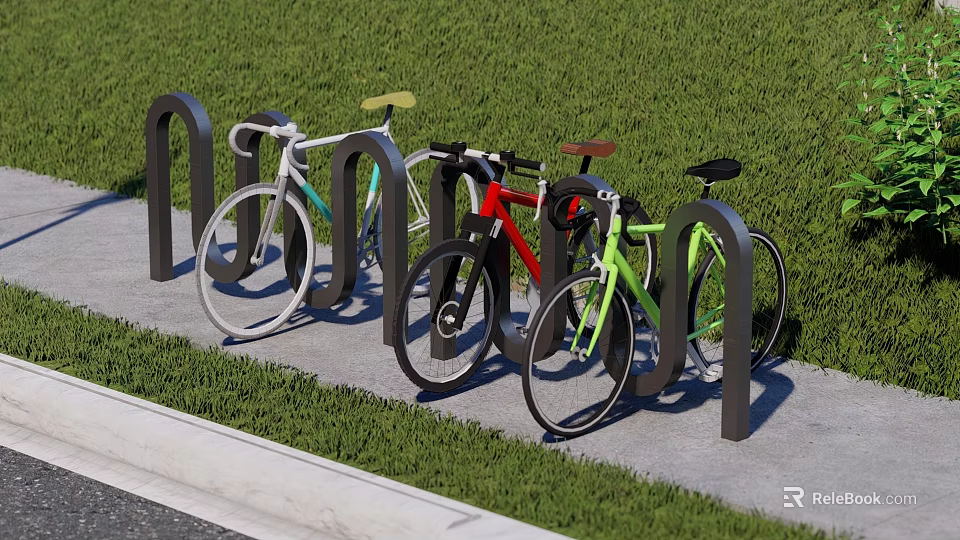 Colored Bicycles Parked at Black U Bicycle Rack on Green Grass and Concrete Pavement 3d model 