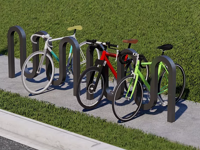 Colored Bicycles Parked at Black U Bicycle Rack on Green Grass and Concrete Pavement 3d model