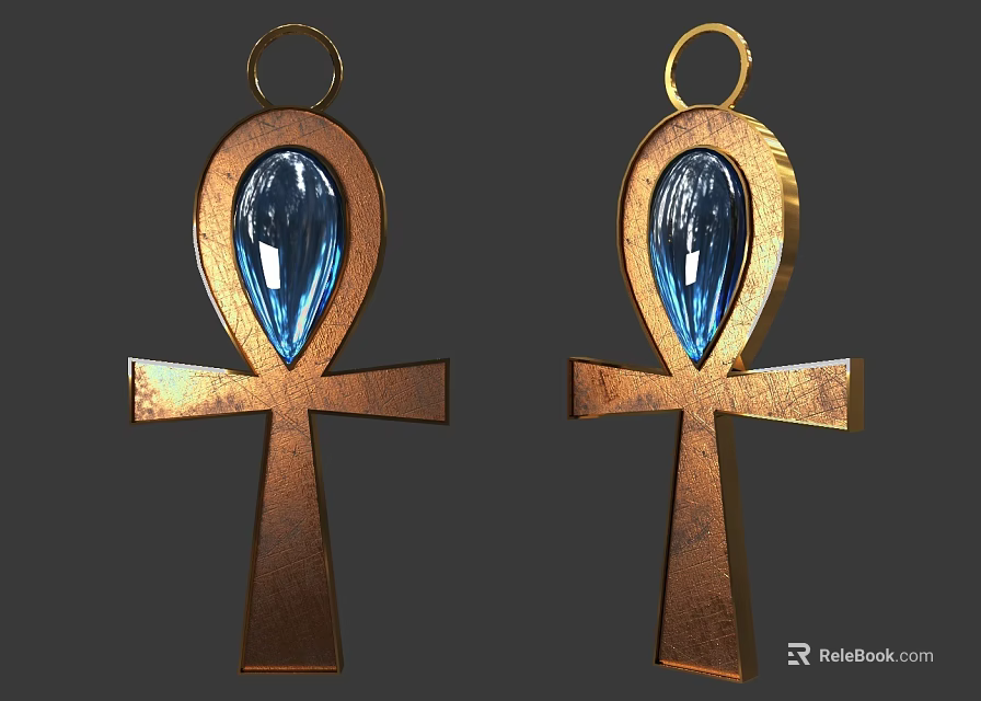 Two Golden Ankh Cross Pendants With Blue Gemstone In The Center 3d model 