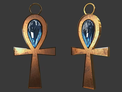 Two Golden Ankh Cross Pendants With Blue Gemstone In The Center 3d model