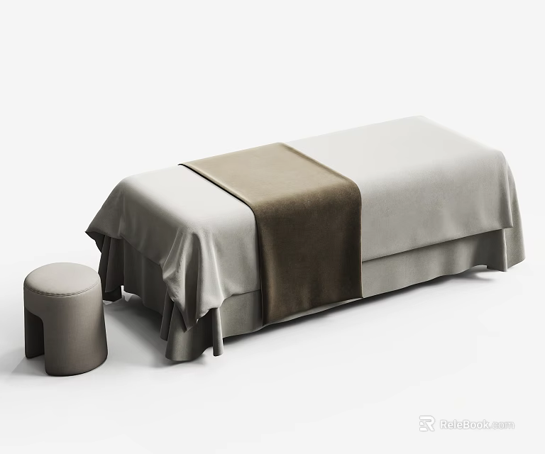 Professional Massage Bed With Light Gray And Brown Fabric Cover And Matching Stool 3d model 