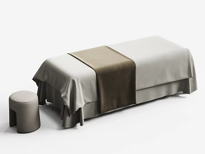 Professional Massage Bed With Light Gray And Brown Fabric Cover And Matching Stool 3d model