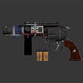 Detailed Revolver With Wooden Grip Metal Components Blue Red Accents And Copper Bullets