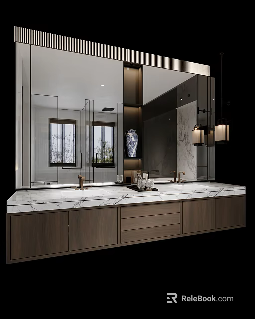 Modern Bathroom Vanity With Marble Countertop Double Sinks Storage Drawers And Large Mirror 3d model 