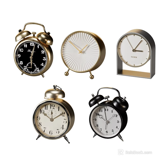 Vintage Alarm Clocks And Round Table Clocks With Gold Black Silver Designs 3d model 