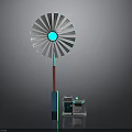 Modern Windmill Structure With Silver Blades Blue Center Red Pole And Base Unit