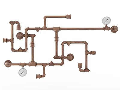 Industrial Copper Pipe System With Interconnected Pipes Valves And Pressure Gauges 3d model