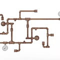 Industrial Copper Pipe System With Interconnected Pipes Valves And Pressure Gauges