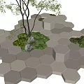Hexagonal Plaza Paving Design With Trees Greenery And Stone Accents