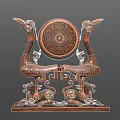 Traditional Musical Instrument With Twin Bird Carved Stands And Ornate Painted Drum Base
